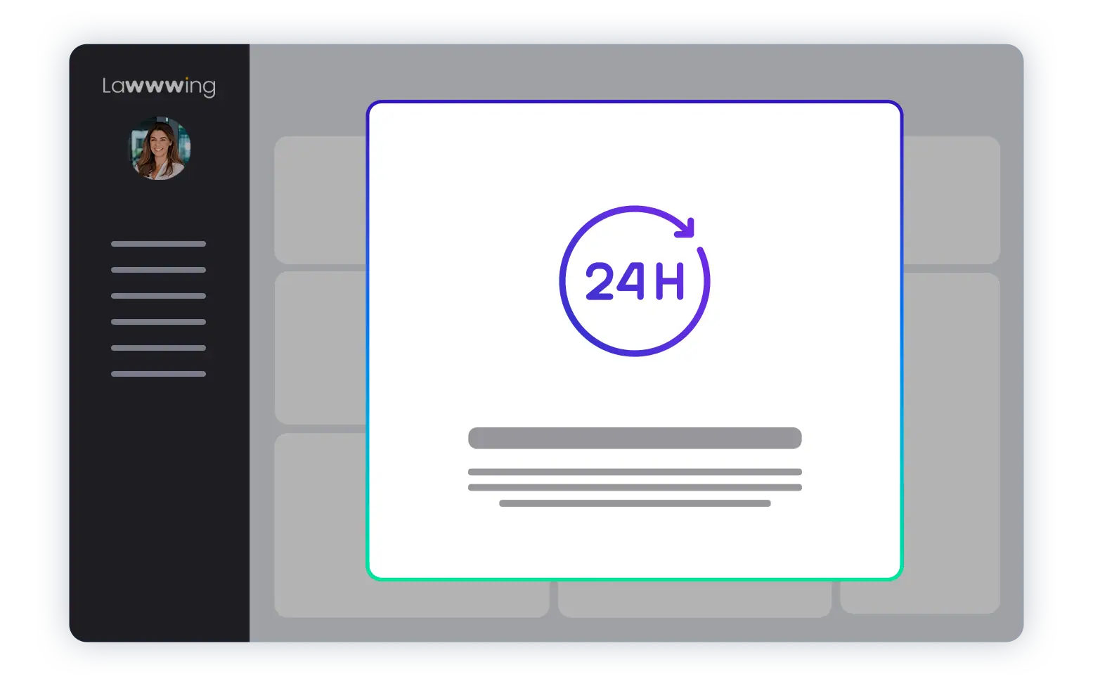 Pantalla de confirmación en la plataforma Lawwwing con icono de "24H", indicando un proceso rápido de registro de marca.