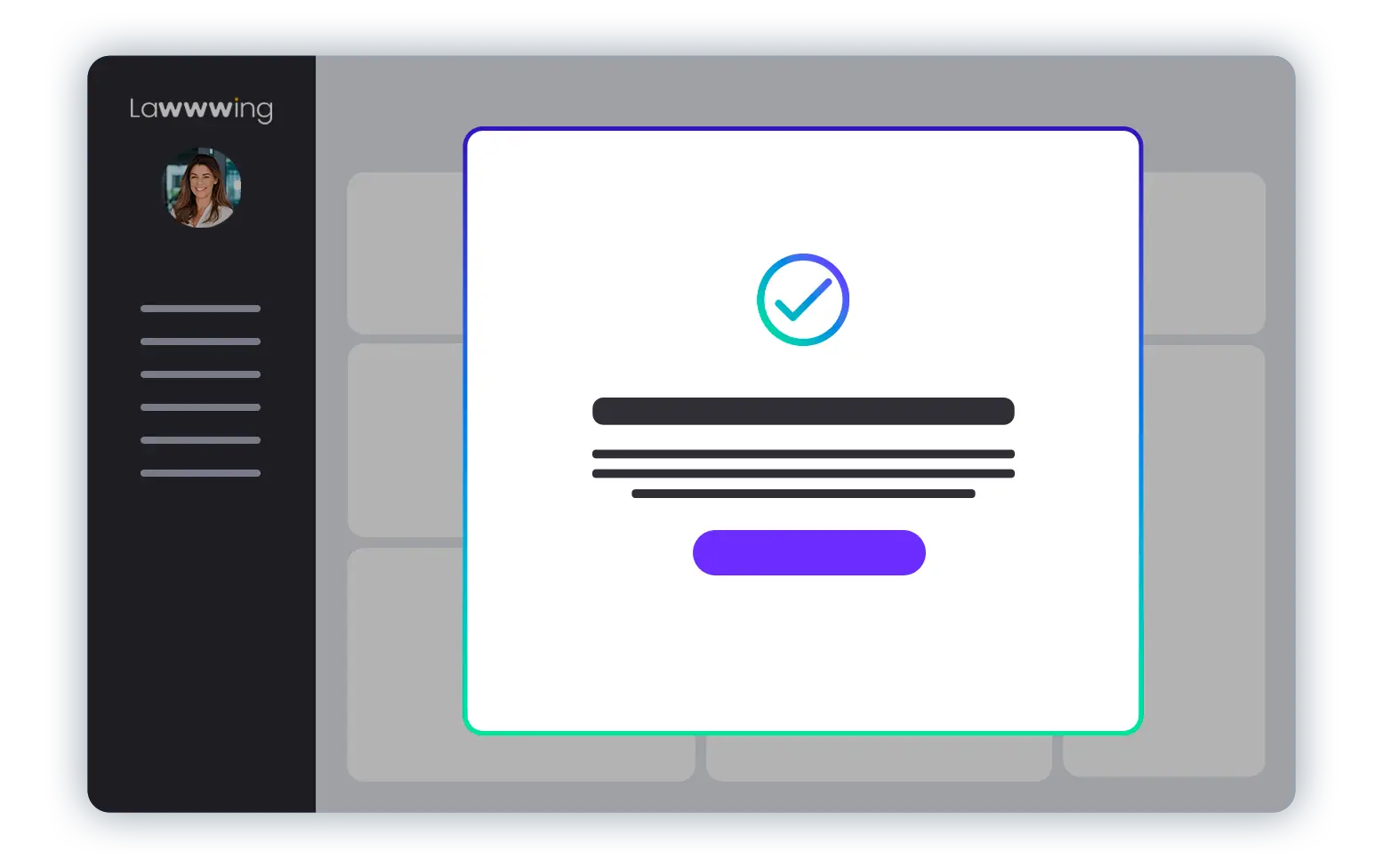 Pantalla de confirmación en la plataforma Lawwwing, mostrando un icono de verificación y un mensaje de éxito en el registro de marca.

