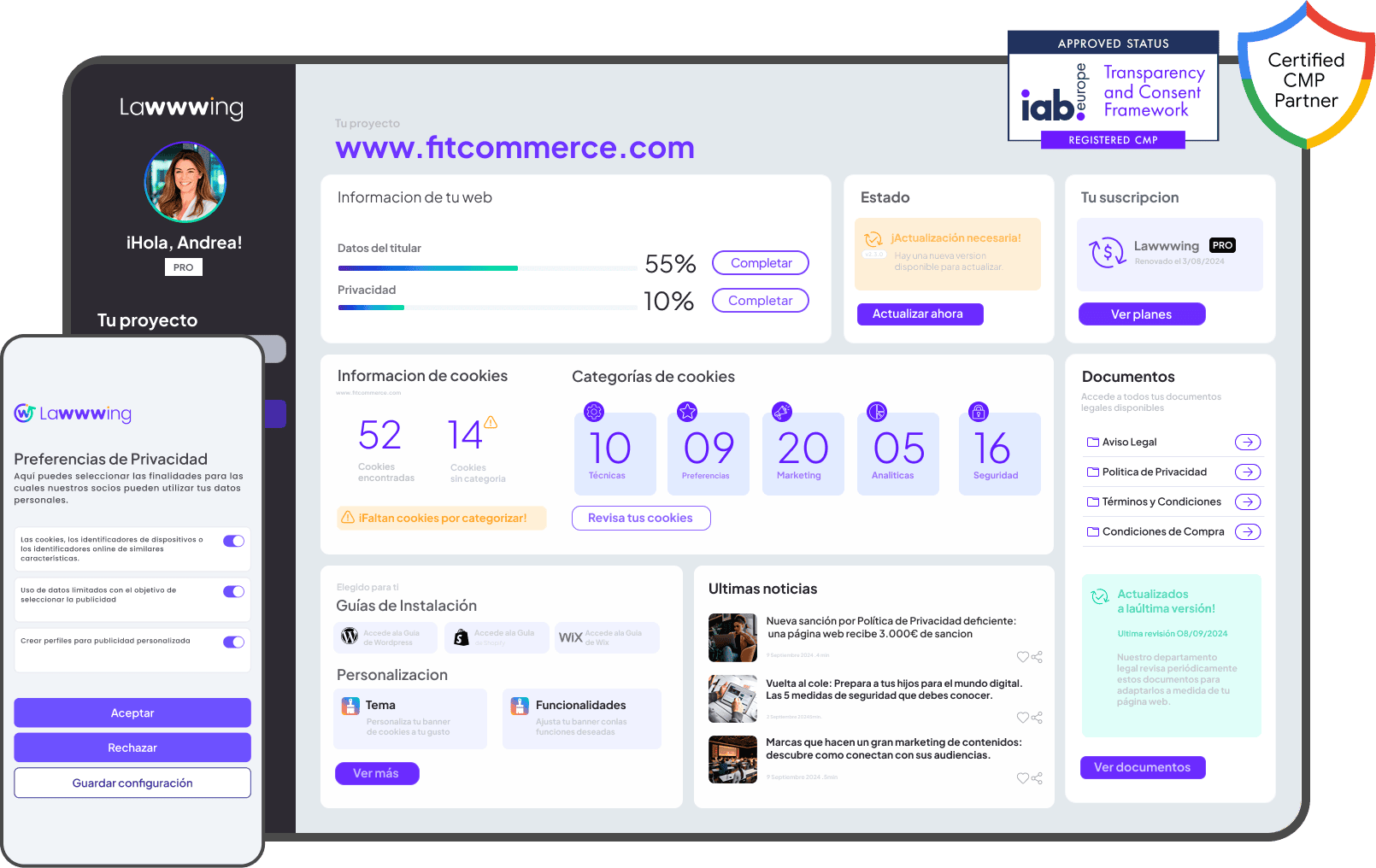 Dashboard de la plataforma de gestión legal digital Lawwwing