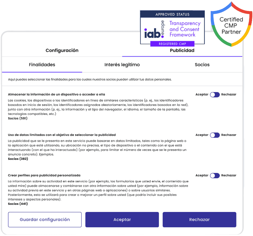 Google Consent Mode V2 y AB TCF v2.2 para banners publicitarios legales